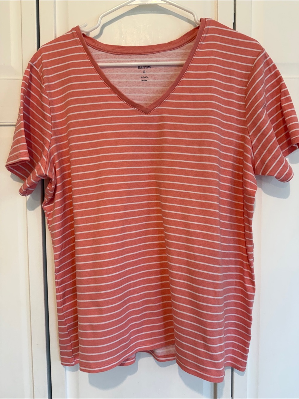 Kohl's Croft & Barrow Pink and White Striped V-Neck Tee Shirt